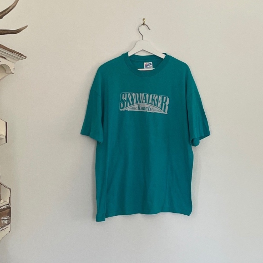Vintage 90s Hanes Beefy-T Skywalker Ranch Teal Graphic Shirt Mens XL Made in USA